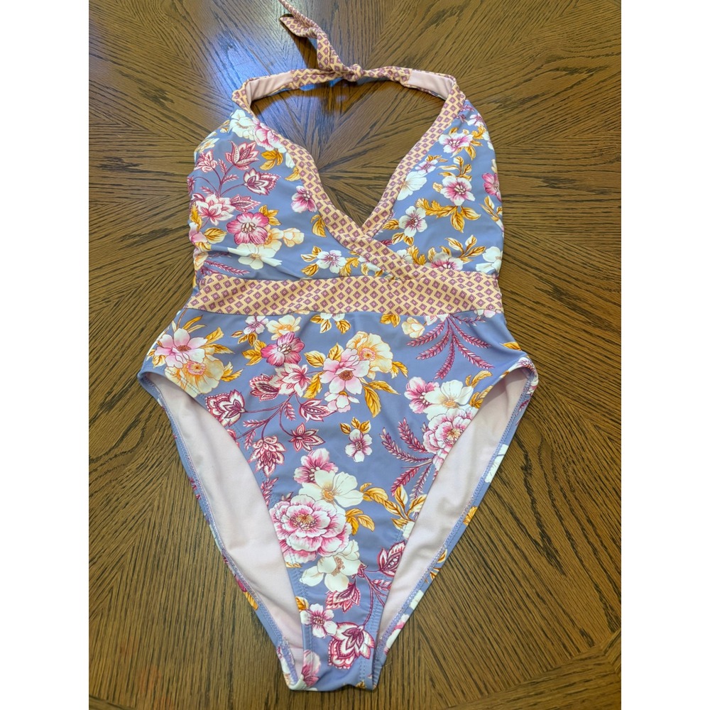 Nanette Lepore Floral Halter One Piece Swimsuit Purple Periwinkle Size 8 - Picture 2 of 8